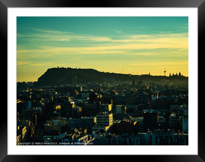 Barcelona evening cityscape at sunset with Montjuic in silhouette, Catalonia, Spain Framed Mounted Print by Mehul Patel