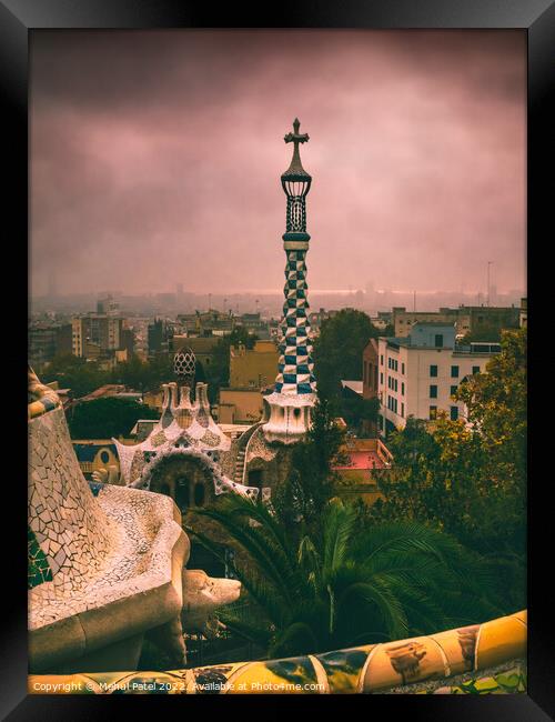 View from Parc Guell on a misty cloudy morning, Barcelona, Catalonia, Spain Framed Print by Mehul Patel