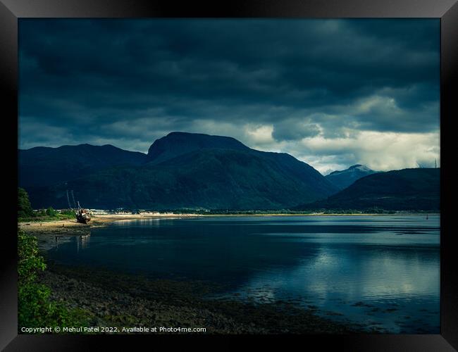 View of Ben Nevis from Corpach towering above Loch Linnhe. Scottish Highlands, Scotland Framed Print by Mehul Patel