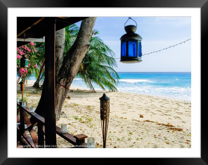 View of beach and Caribbean Sea from patio - Barbados Framed Mounted Print by Mehul Patel
