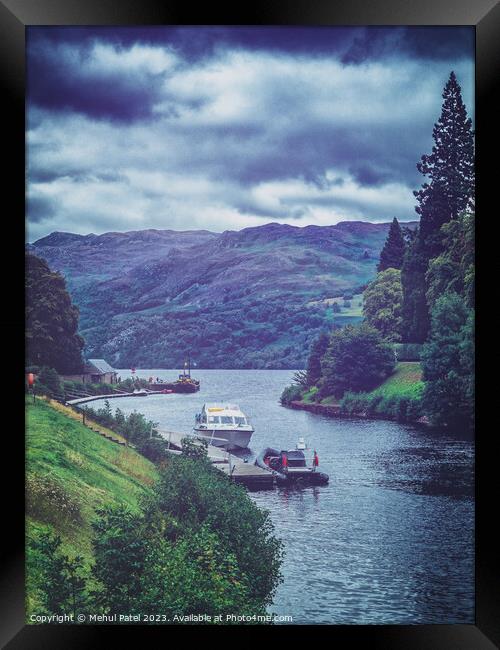 Touring boats moored on jetty on canal entering waters of Loch Ness Framed Print by Mehul Patel