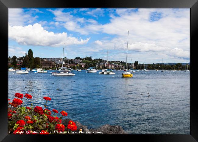 Boats moored on Lake Geneva by the town of Morges, Framed Print by Mehul Patel