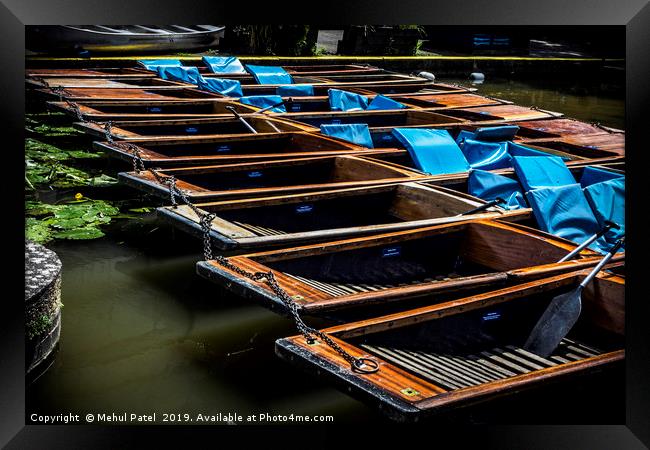 Punting boats parked on the river, river Cam, Camb Framed Print by Mehul Patel