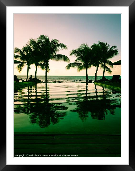 Silohuette person by Infinity pool with a sea view, Mauritius, Indian Ocean Framed Mounted Print by Mehul Patel