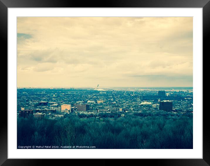 View of the city of Montreal with the Olympic Stadium (centre) in the distance, Montreal, Canada - cross process effect Framed Mounted Print by Mehul Patel