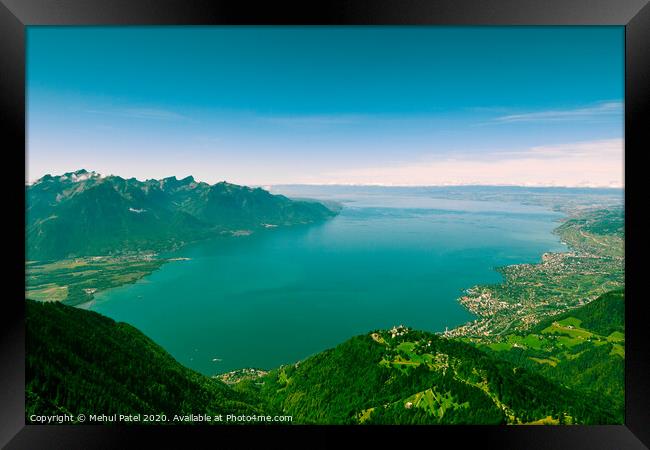 Viewpoint from Rochers-de-Naye overlooking Lake Geneva and town of Montreux, Switzerland Framed Print by Mehul Patel