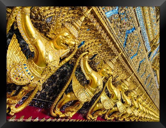 Golden statuettes and detail on the Temple of the Emerald Buddha in the grounds of the Grand Palace - Wat Phra Kaew, Thailand, Bangkok Framed Print by Mehul Patel