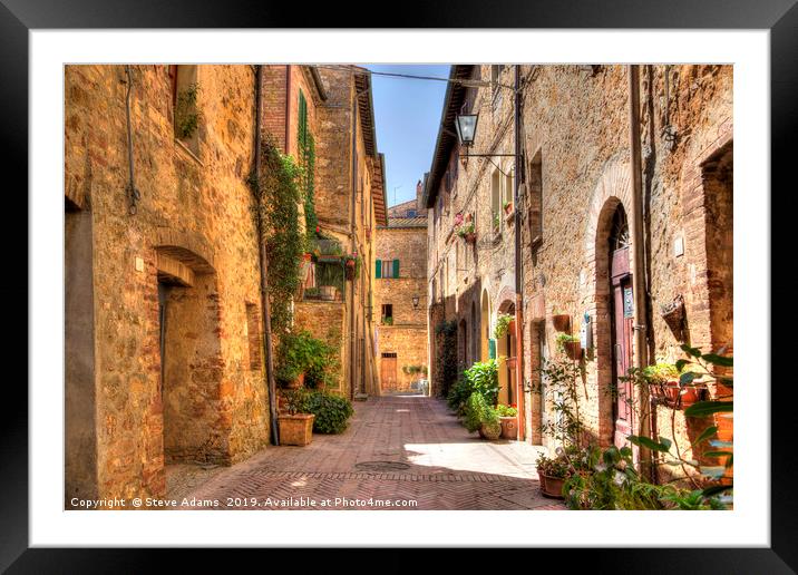 street view in Pienza, Tuscany Framed Mounted Print by Steve Adams