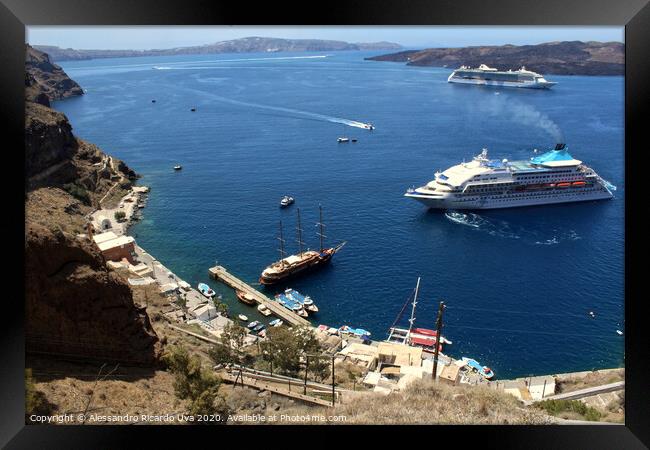 Cruise ships in the ocean - Santorini Framed Print by Alessandro Ricardo Uva