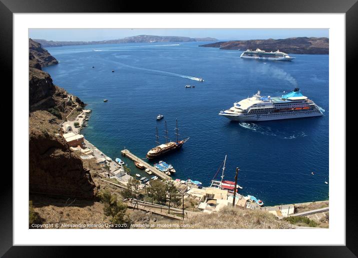 Cruise ships in the ocean - Santorini Framed Mounted Print by Alessandro Ricardo Uva