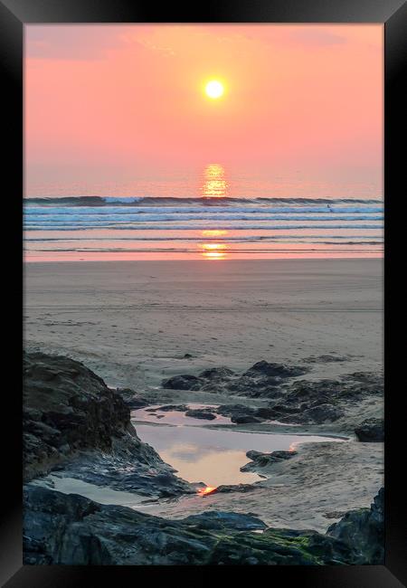 Sunset over Gwithian Beach Framed Print by Brenda Belcher