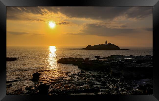 Godrevy Lighthouse at sunset Framed Print by Brenda Belcher