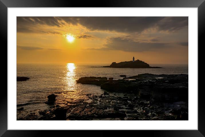 Godrevy Lighthouse at sunset Framed Mounted Print by Brenda Belcher