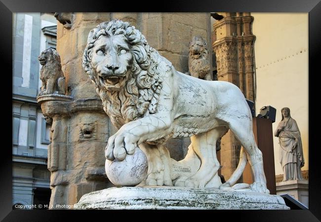 Florence, Tuscany, Italy: ancient statue of a lion in Piazza della Signoria, sculpture that depicts a lion with a sphere under one paw Framed Print by M. J. Photography