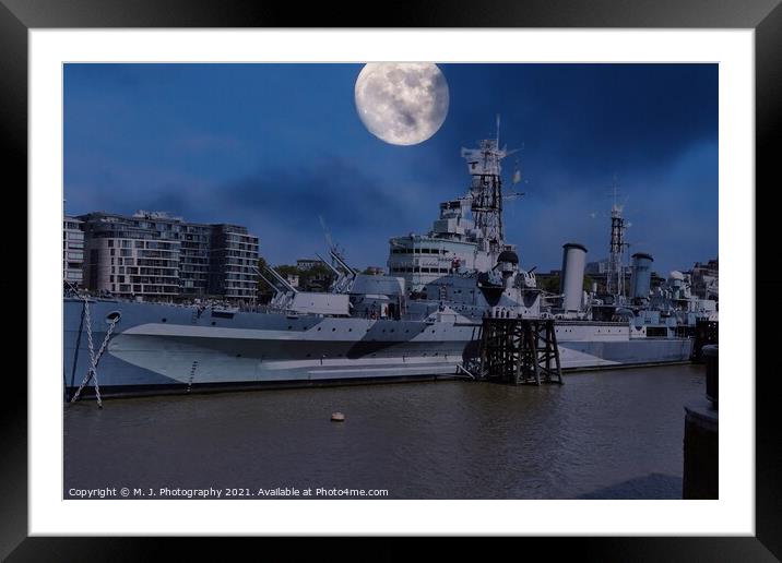 The Moon over HMS Belfast -Town-class light cruise Framed Mounted Print by M. J. Photography