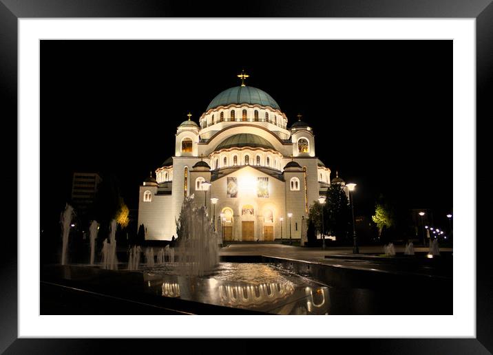 Cathedral of Saint Sava at night, Belgrade, Serbia Framed Mounted Print by M. J. Photography