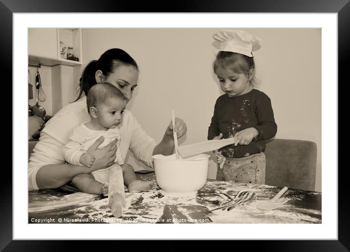 Baker family, Mum with two kids in the kitchen Framed Mounted Print by M. J. Photography