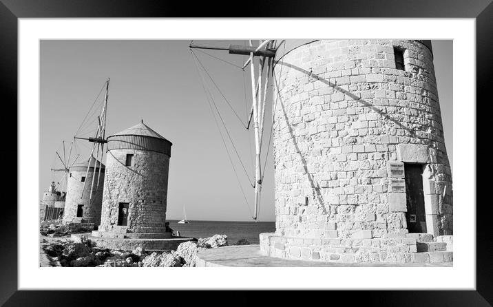 Rhodes Harbor Windmills  Framed Mounted Print by M. J. Photography