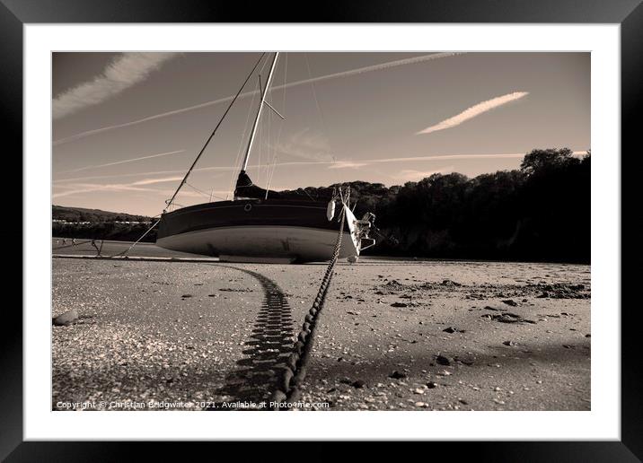 Yacht at New Quay beach Framed Mounted Print by Christian Bridgwater