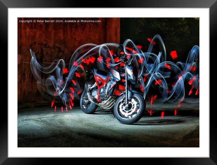 Light trails bike Framed Mounted Print by Peter Barrett