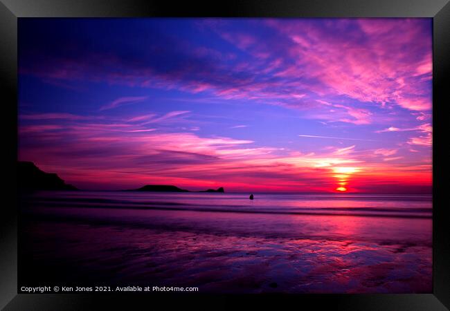 Rhossili Sunset Framed Print by Ken Jones