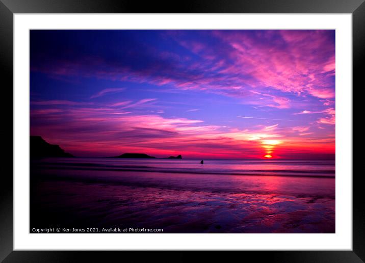 Rhossili Sunset Framed Mounted Print by Ken Jones