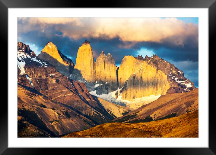 Torres del Paine dawn spire. Framed Mounted Print by Ashley Cooper