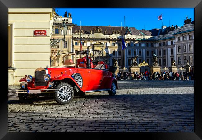 Vintage red car and the Prague Castle Framed Print by Jelena Maksimova