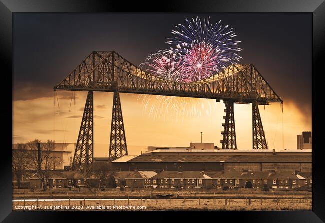 Transporter Bridge Fireworks Framed Print by sue jenkins