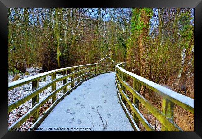 Snowy Boardwalk Framed Print by sue jenkins