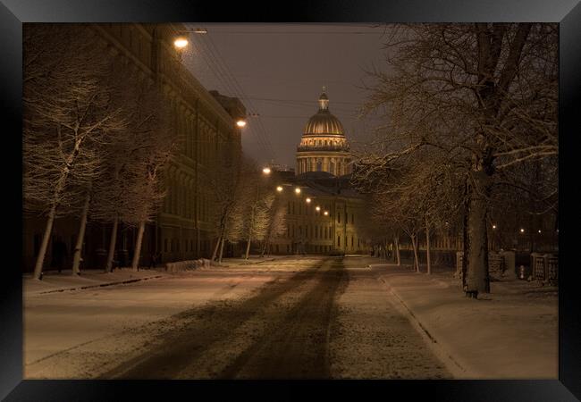 Predawn Snowfall in the City of Dostoevsky Framed Print by David Bokuchava