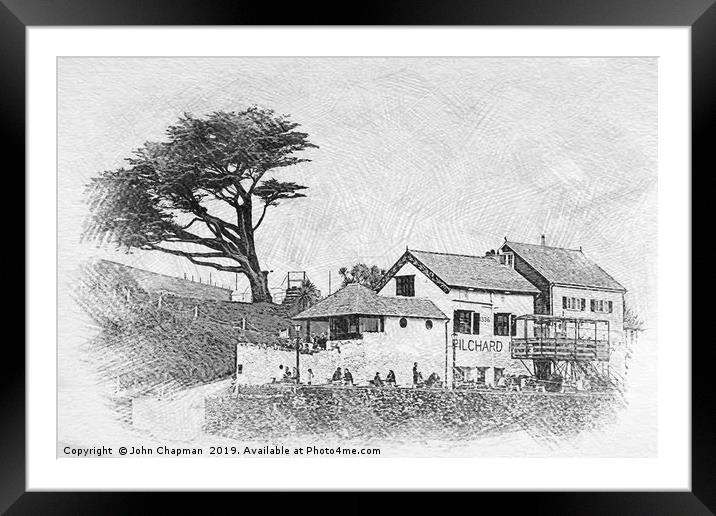 The Pilchard Inn at Burgh Island in sketch format Framed Mounted Print by John Chapman