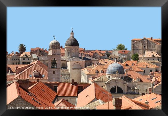 Rooftops of Dubrobnik Old Town showing churches an Framed Print by Andrew Reece