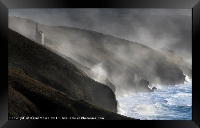 Storm wave spray drifting up to Wheal Coates Framed Print by David Moore