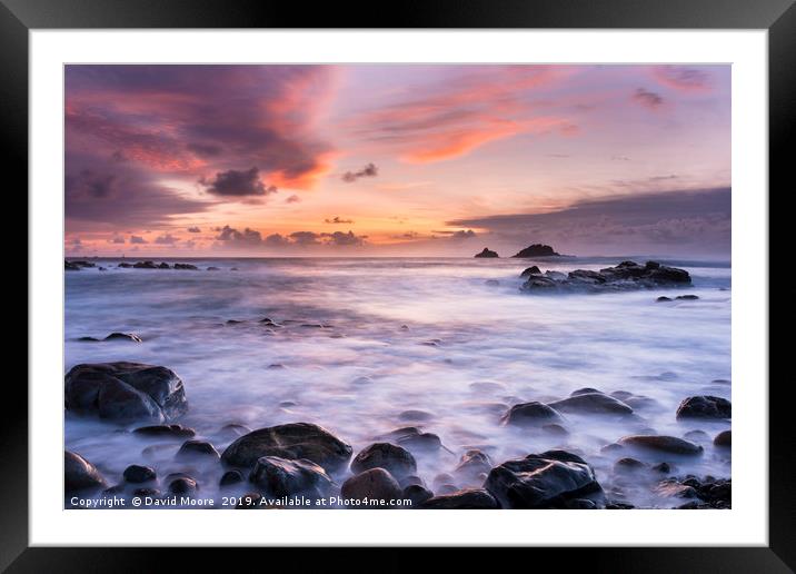 Porth Nanven sunset in Cornwall Framed Mounted Print by David Moore