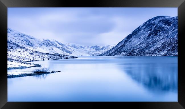 Loch Turret blue hour with snow covered mountains Framed Print by David Moore
