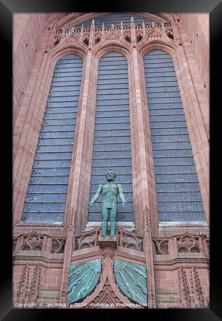 Liverpool Anglican Cathedral statue Framed Print by Jan Gregory