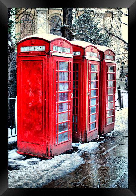 Three Red Telephone Boxes Framed Print by Karen Martin