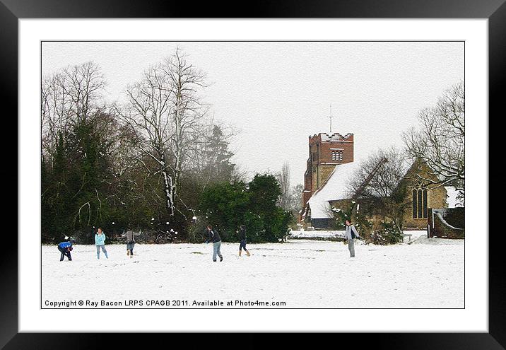 Snowballing on the village green Framed Mounted Print by Ray Bacon LRPS CPAGB