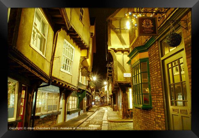 York Shambles by Night Framed Print by Alison Chambers