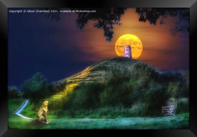 Moon Gazing Hare At Glastonbury Tor Framed Print by Alison Chambers