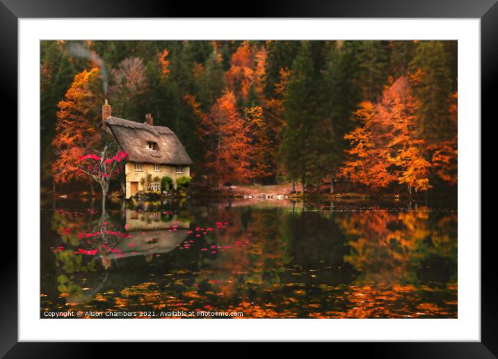 Cottage At Autumn Glory Lake Framed Mounted Print by Alison Chambers