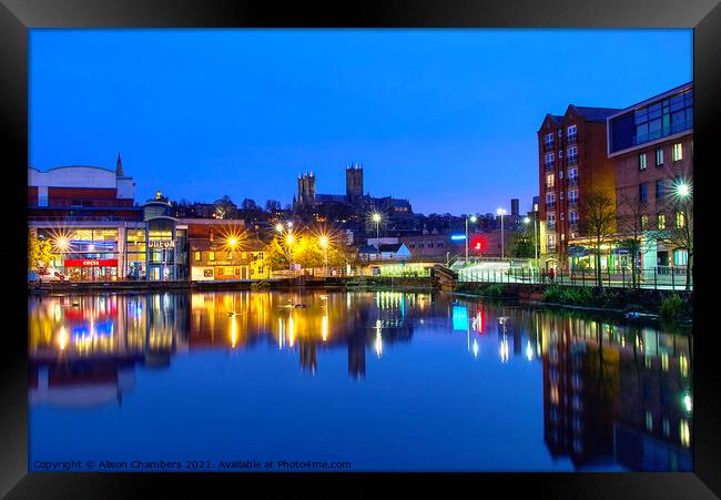 Lincoln Brayford Waterfront At Night Framed Print by Alison Chambers