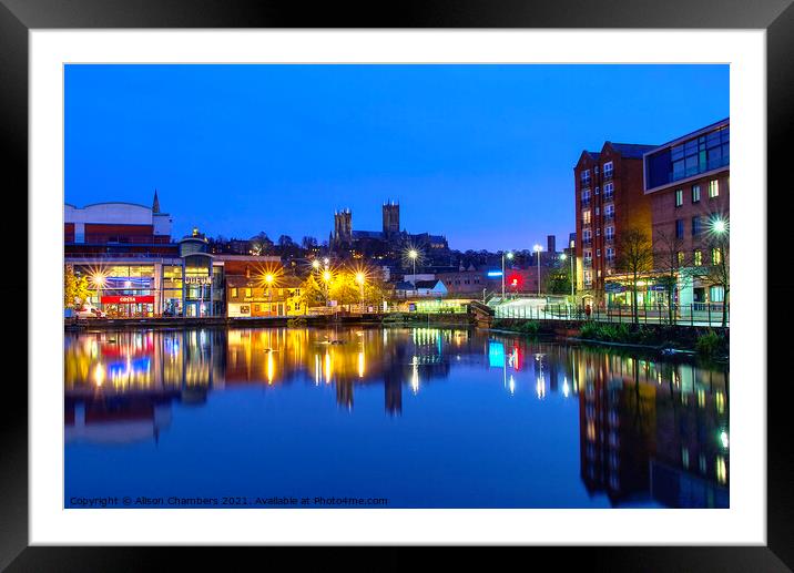 Lincoln Brayford Waterfront At Night Framed Mounted Print by Alison Chambers