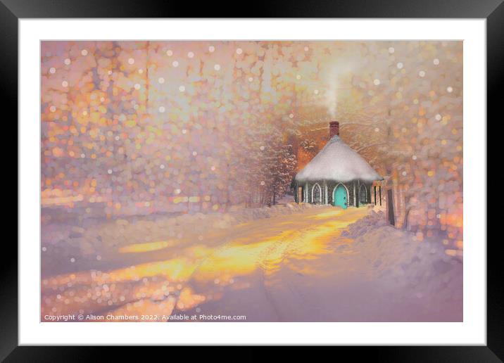Snowy Woodland Cottage Framed Mounted Print by Alison Chambers