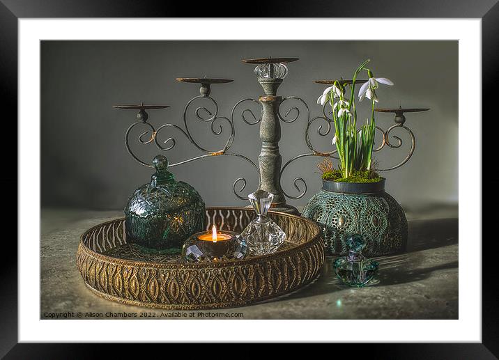 Snowdrops Still Life Framed Mounted Print by Alison Chambers