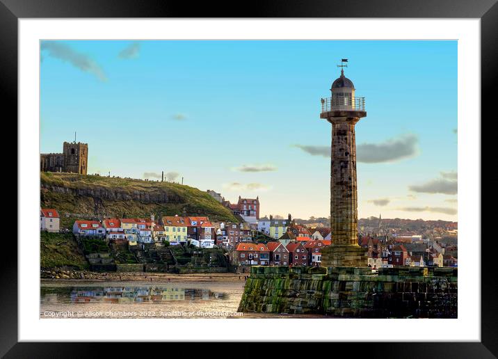 Whitby Harbour Lighthouse, North Yorkshire Coast  Framed Mounted Print by Alison Chambers