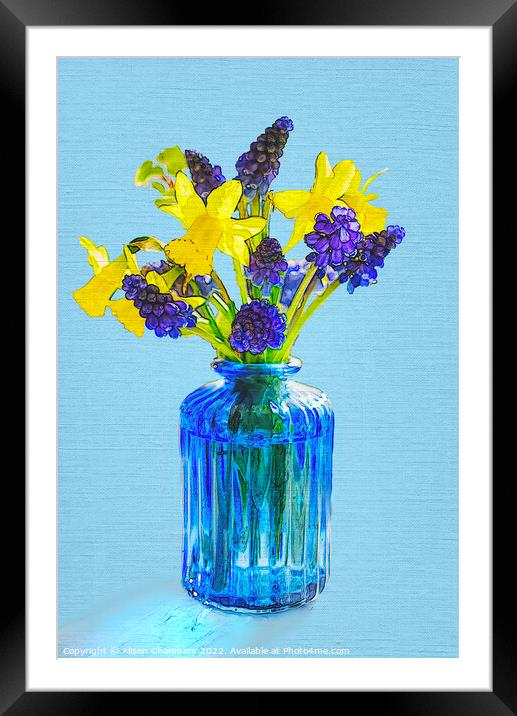 Spring Flowers In A Blue Glass Bottle  Framed Mounted Print by Alison Chambers