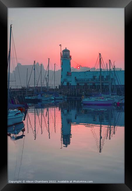 Scarborough Lighthouse Sunset Portrait , North Yor Framed Print by Alison Chambers