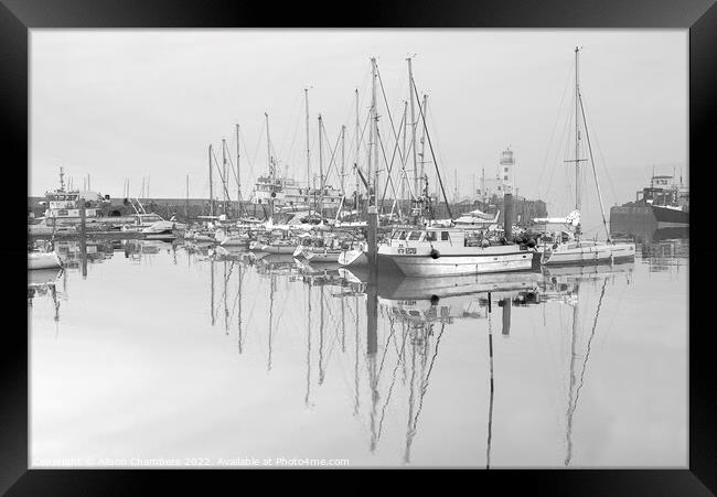 Scarborough Harbour Serene B&W Framed Print by Alison Chambers